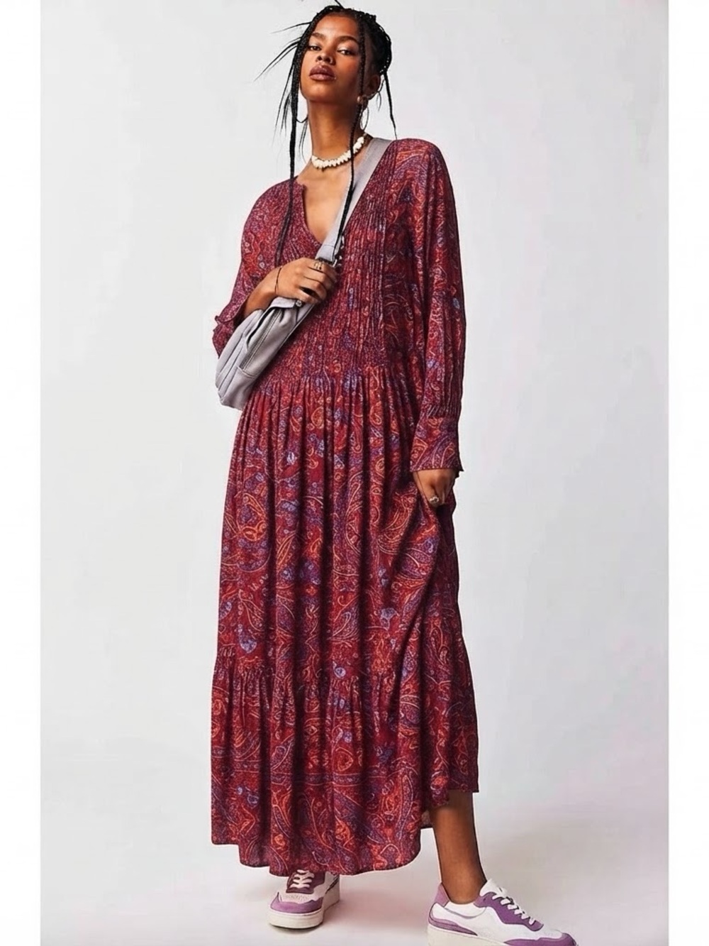 Free People Burgundy Paisley Long Sleeve Maxi Dress